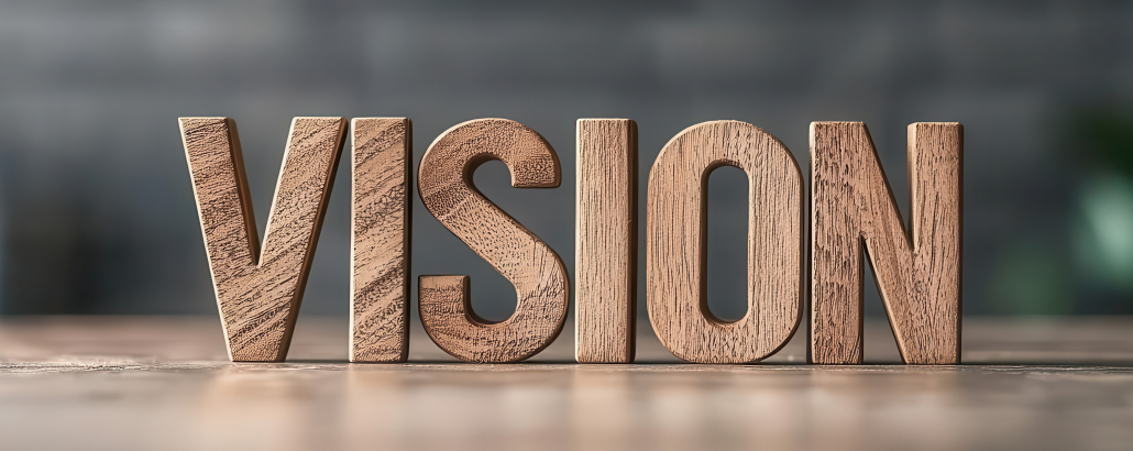 Holzsteine mit der Aufschrift "Vision" vom Unternehmen.